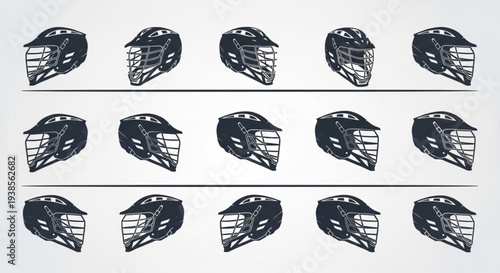 Collection of Lacrosse Helmets Displayed in Rows.