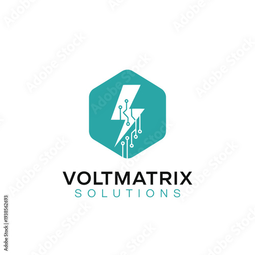 Hexagon lightning bolt circuit logo for electric power and tech for Voltmatrix Solutions