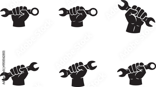 Spanner in hand repair icon set for mechanic service, maintenance tools and technical support design.