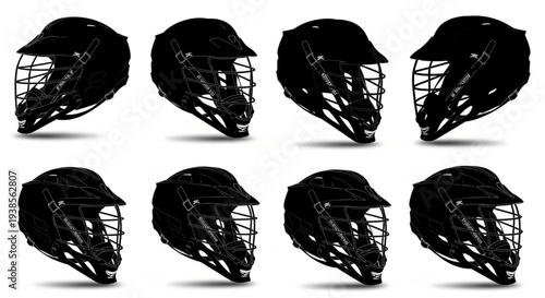 Collection of Black Lacrosse Helmets Displayed from Multiple Angles.