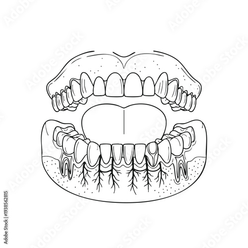 Detailed anatomical illustration of human mouth anatomy showing teeth and gums from a frontal viewpoint