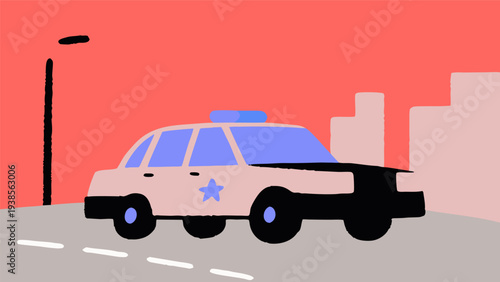 Stylized police patrol car in a vibrant minimalist urban setting at dusk, representing law enforcement and public safety on city streets