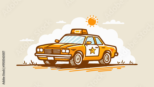 Classic yellow taxi car vector illustration driving on a sunny day, an editable graphic representing urban transport and vintage vehicle design