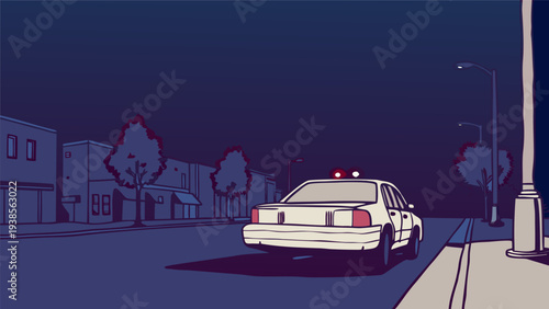 Dynamic Vector Art Illustration of a Police Cruiser on Night Patrol, Driving Through a Peaceful Urban Neighborhood Street Under Dim Streetlights