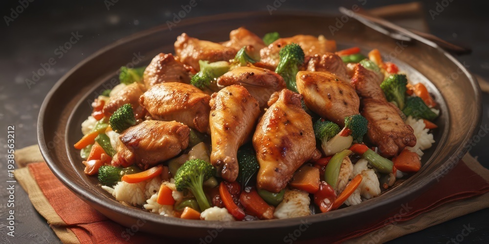 Fototapeta premium Aromatic stir-fried chicken with vegetables and savory sauce served hot , aromatics, , hot dish