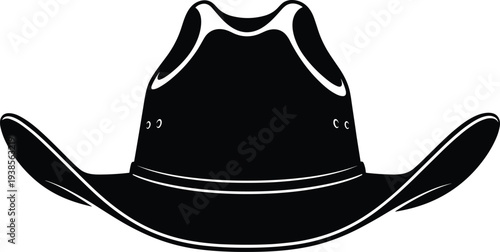 Cowboy hat silhouette, Western culture symbol, ranching lifestyle icon, country fashion accessory, American West tradition, black and white vector illustration, classic cowboy style design