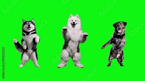 A large white fluffy dogs perform a fun dance routine on a bright green background. The clip is designed for easy compositing in children's content, music videos, or viral memes.