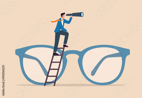 Clear business vision, clarity or transparency, discover way to success or looking for business opportunity, businessman climb up big eyeglasses see vision on telescope.