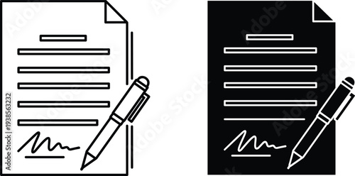 Document with pen and signature, business contract icon, legal paperwork illustration, administrative agreement, digital signing concept, black and white vector design, professional office symbol