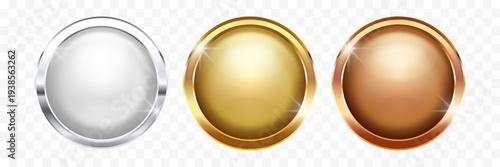 Gold Silver and Bronze Metallic Sphere Badge Set – Blank Round Medal Circle Icon Vector Illustration