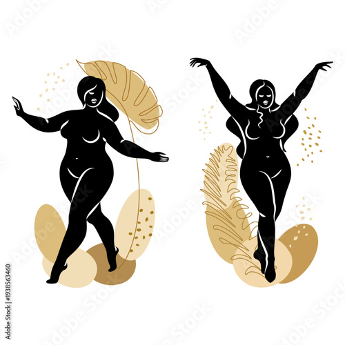 Collection. Silhouette of the figure of a slender naked woman. The girl is standing, she is overweight. A lady full of beauty and sexuality. Vector illustration set.