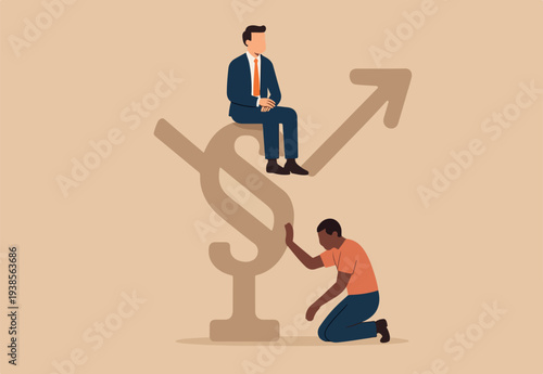  Human inequality and injustice, discrimination and racism as global social issue concept, upper class business man sitting on top of injustice, unfairness symbol with person of color at the bottom