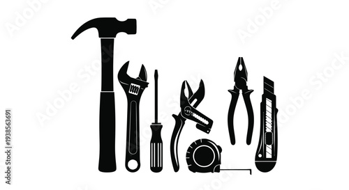 A collection of black silhouette tools including a hammer wrench and pliers