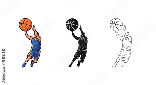 Vector graphic illustration of basketball players shooting a basketball in three different styles