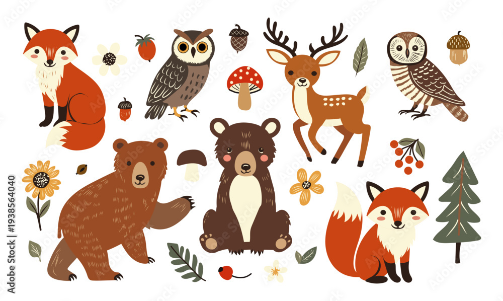 Obraz premium Cute woodland animals and forest elements set in a warm autumn palette. Includes foxes, bears, owls, deer, trees, mushrooms, acorns, berries, and leaves. Perfect for stickers, patterns, cards,