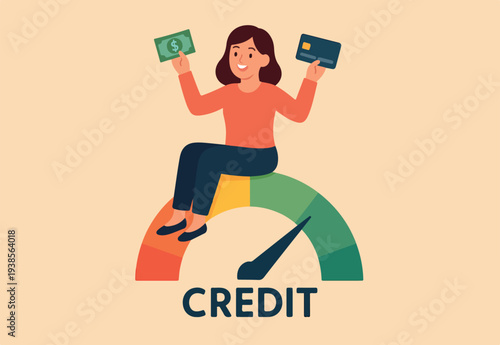 Good credit score for credit card spending with sufficient cash to pay debt create excellent personal financial plan, happy woman hold banknote and credit card sit above credit gauge at good rating