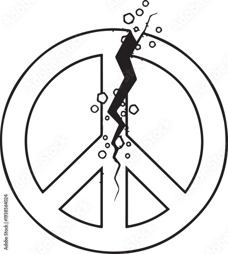 Black and white broken peace symbol vector illustration with cracked center representing war global conflict and societal division