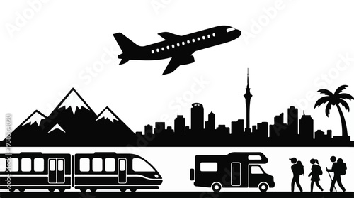 Travel and adventure concept with plane, train, RV, hikers, city and mountains