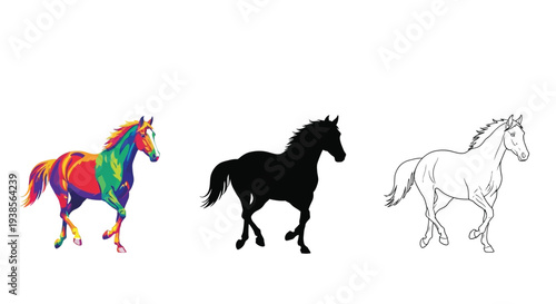 Vector illustration of three horse designs in different styles side by side on white