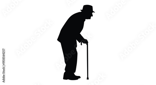Silhouette of an elderly man with a cane walking with a stoop