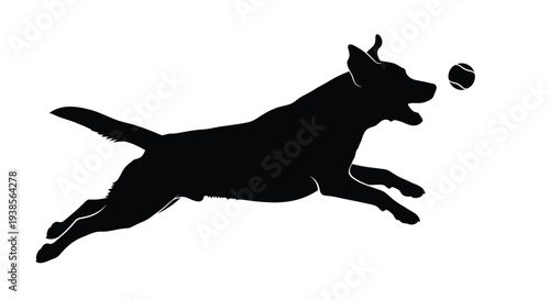 A black silhouette of a dog leaping to catch a ball