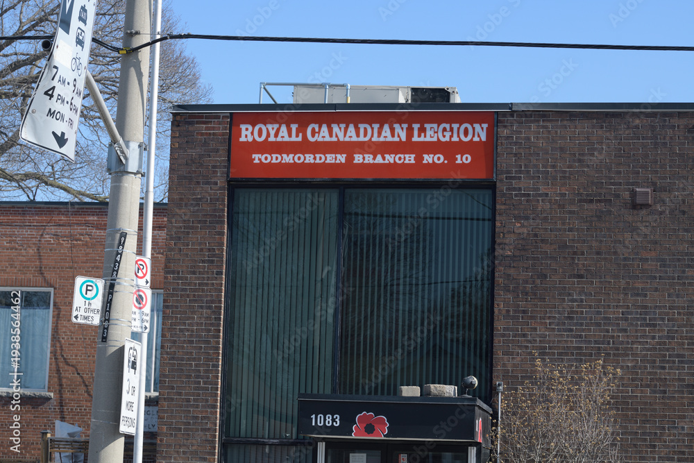 Fototapeta premium exterior building and sign of Royal Canadian Legion Branch 10 located at 1083 Pape Av, East York, Toronto