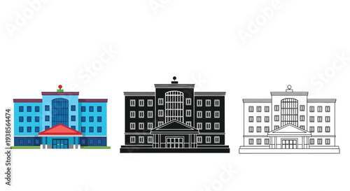 Vector graphic illustration of three different office building designs and architectural styles