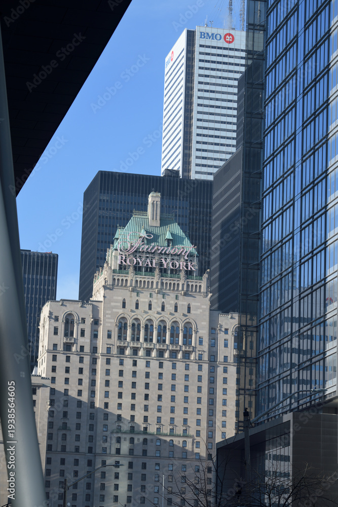 Naklejka premium looking north on York St to Fairmont Royal York hotel from Lake Shore Blvd W, downtown Toronto