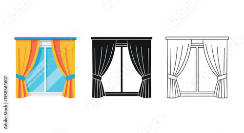 Vector graphic illustration of window curtains in various designs and monochrome styles