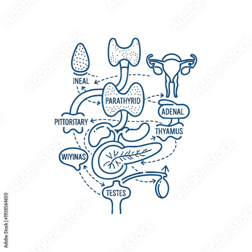 Detailed anatomical diagram illustrating the human endocrine system's anatomy and its various glandular structures