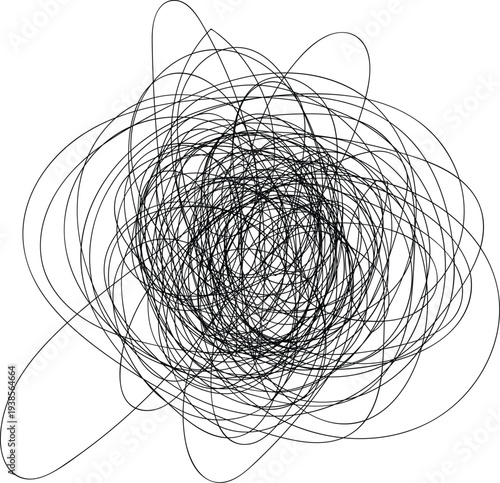 Black lines, abstract art, chaotic curves on white background