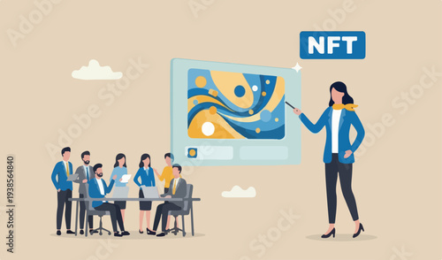 NFT non-fungible token, selling crypto art or painting as unique digital asset with cryptocurrency payment online bidding website, artist woman team painting beautiful digital canvas the word NFT