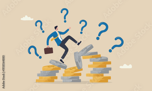 Financial instability unstable investment market, risky situation or economic recession, crisis or bankruptcy concept, businessman investor falling from stack of unstable money coins.