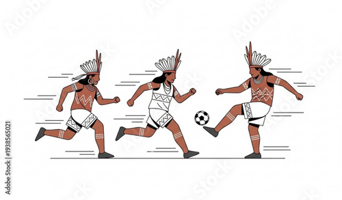 Indigenous Pataxo football players traditional Brazilian tribe sports action vector illustration