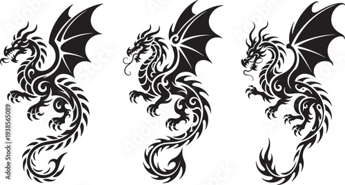 A vintage set of black tribal tattoo designs featuring ornate floral patterns, nature-inspired bird elements, and decorative leaf swirls in a vector illustration style