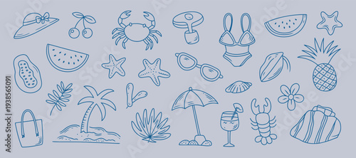 Hand Drawn Summer Vacation Icons CollectionBeach Elements and Tropical Items