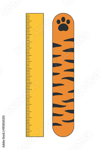 Tiger Paw Print Ruler and Yellow Measuring Tool on White Background