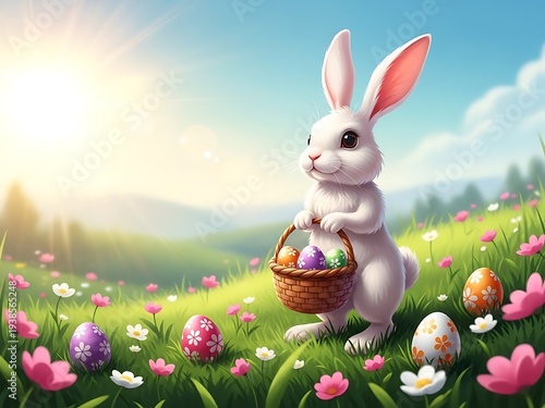Easter bunny holding colorful easter basket with eggs in a vibrant spring floral field