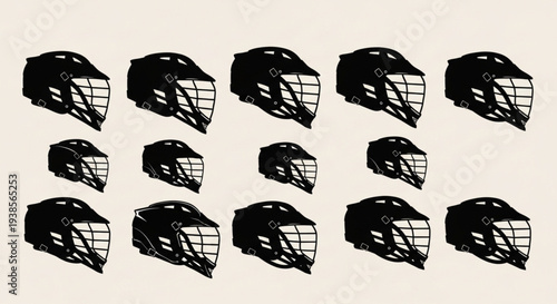 Collection of black hockey helmets arranged in rows.