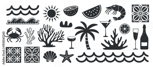 Tropical Summer Beach Elements Collection with Palm Trees Cocktails and Ocean Life