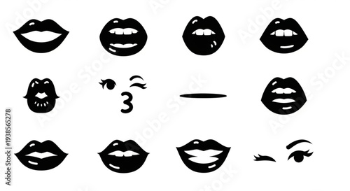 Collection of Black and White Lip Icons and Expressions.