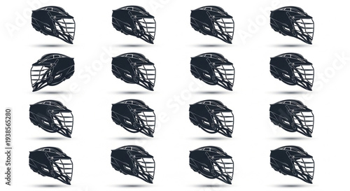Collection of Black Hockey Goalie Helmets Displayed in Grid Pattern.