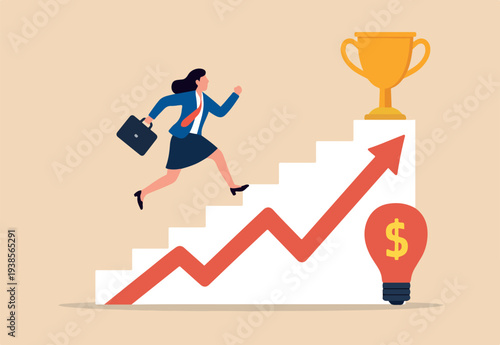 Woman success, step to achieve career success, motivation to grow career path, growth, climb up stair to reach goal, ambition concept, business woman run fast climb up stair to reach winning trophy.