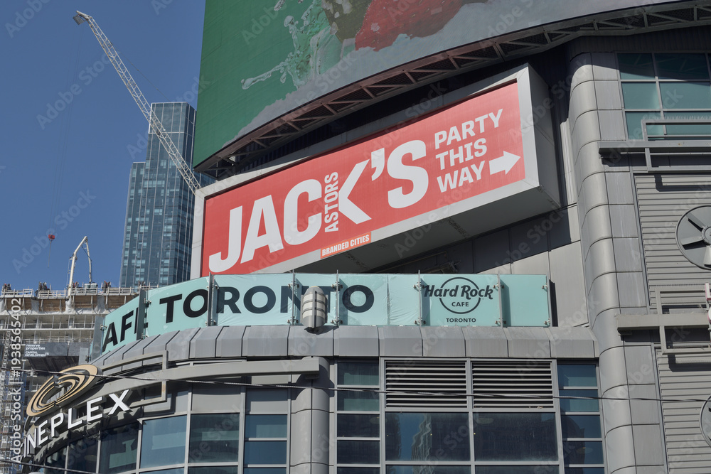 Fototapeta premium signage on the exterior of The Tenor a shopping mall at 10 Dundas St E (north side of Sankofa Square), Toronto (Jack Astors, Hard Rock Cafe, Cineplex)