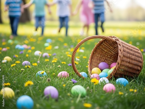Easter basket fun with colorful eggs on grassy field with kids