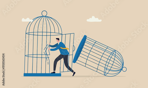 Escape challenge, strong ambitious businessman bended the bar and escape from bird cage trap