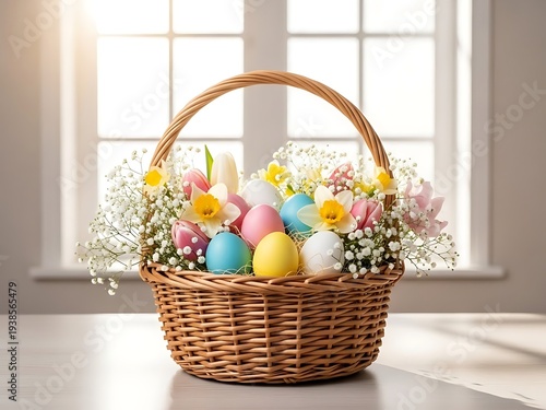 Easter basket with colorful eggs and flowers on a table by the window