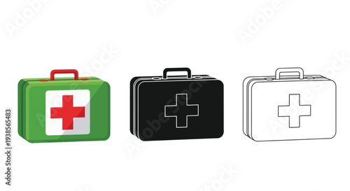 Collection of vector graphic illustrations of first aid kits in different color variations