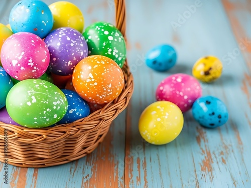 Easter basket filled with colorful eggs on wooden table with scattered eggs around