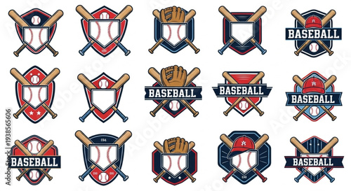 Collection of Baseball Emblems and Logos with Bats and Gloves.